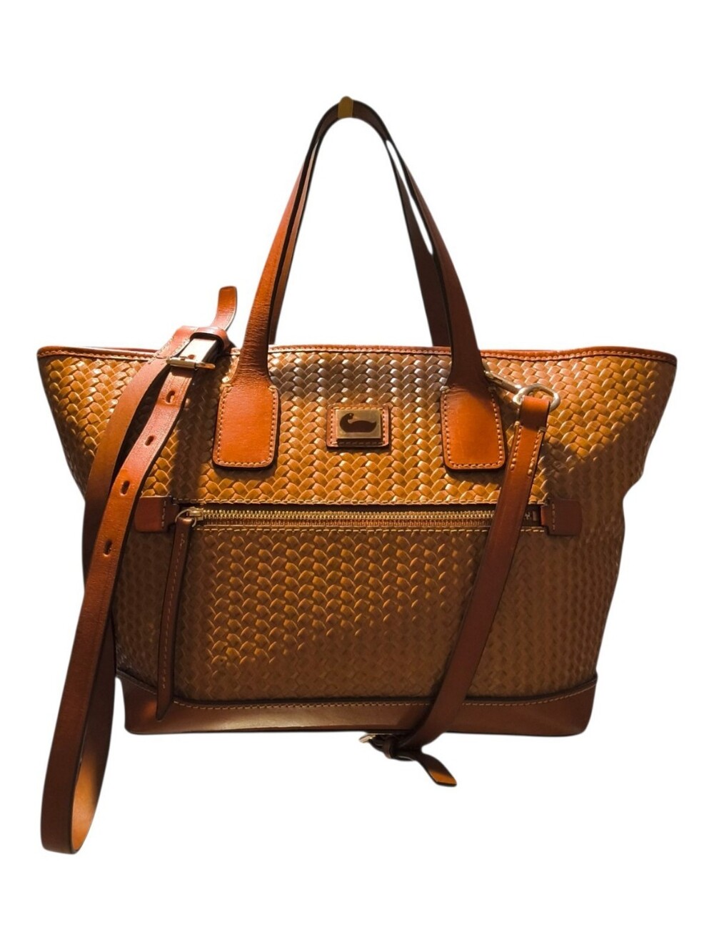 Dooney & Bourke Camden Woven Leather Satchel Bag Cognac Brown Carryall